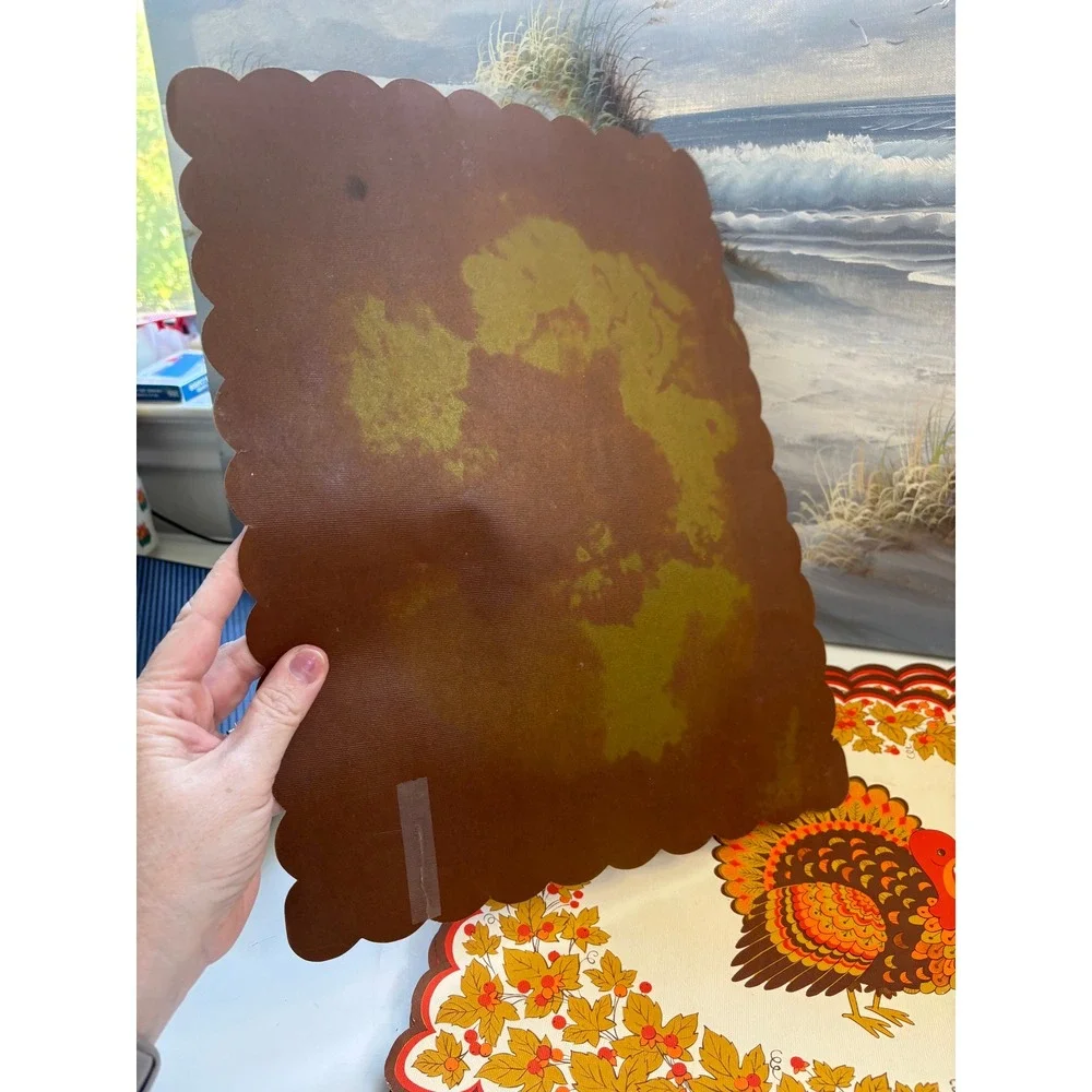 Vintage Thanksgiving Turkey Paper Placemats Set of 7 Scalloped Edge Harvest